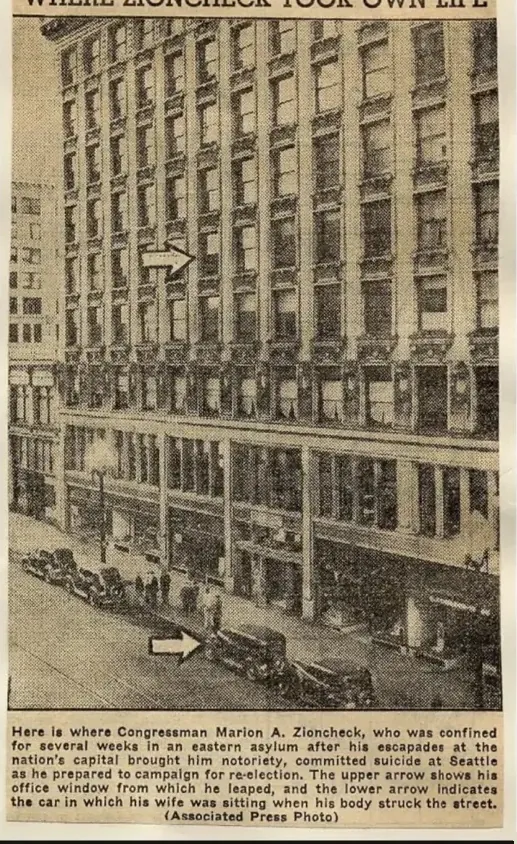 Archive plate of a press photograph of the Arctic Building with arrows marking a window and the street