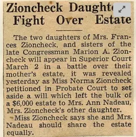 Archive plate of a clipping headed Zioncheck Daughters Fight Over Estate