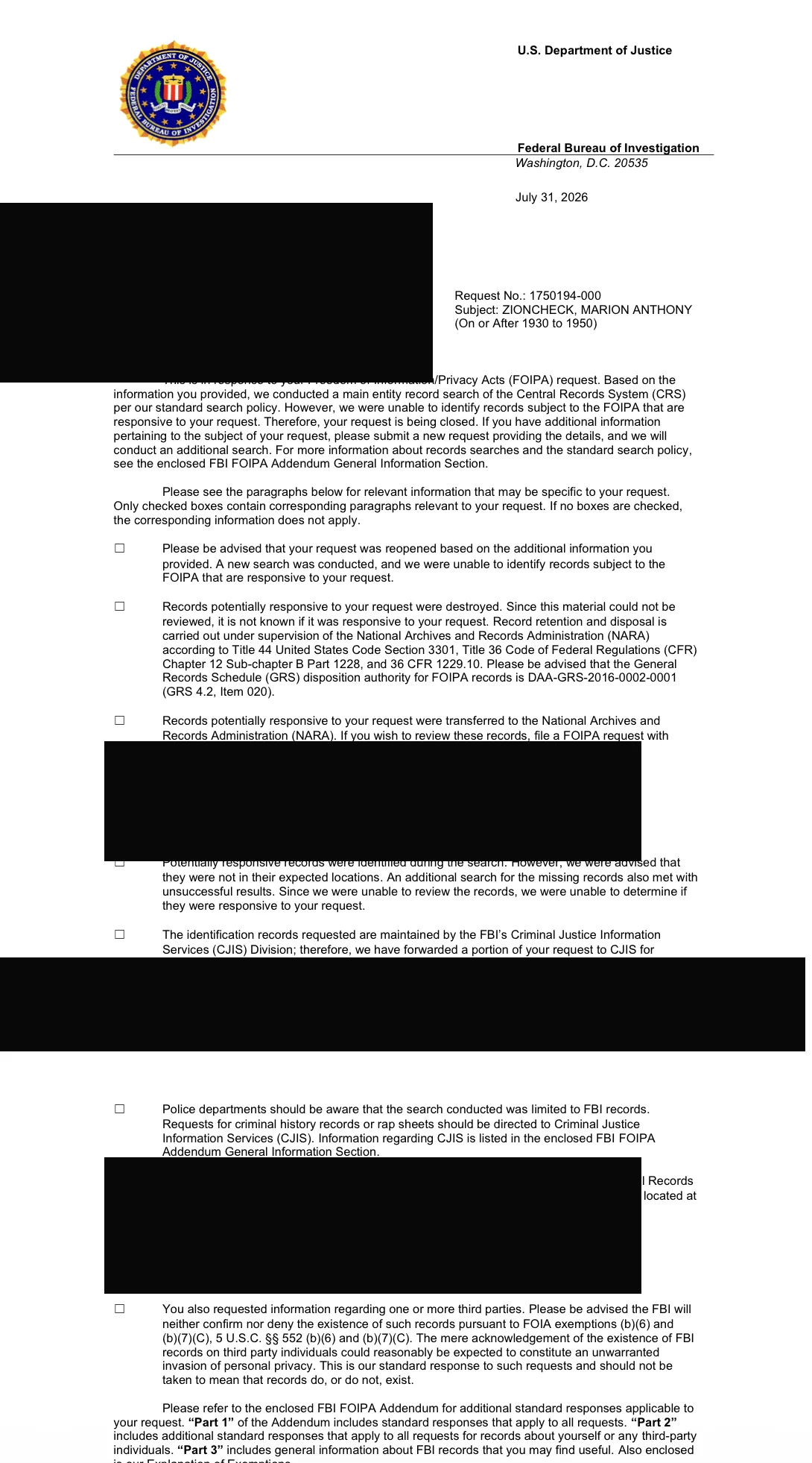 Redacted FBI FOIPA letter of 31 July 2026, Request No. 1750194-000, closing a CRS search with no identifiable records on Marion Anthony Zioncheck