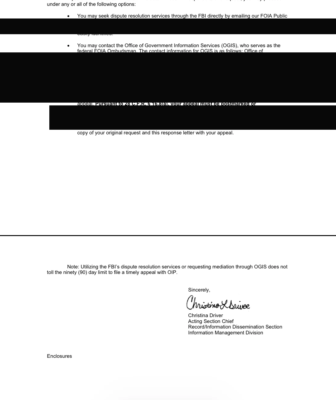 Continuation of the redacted FBI FOIPA letter with appeal options and the Acting Section Chief signature block