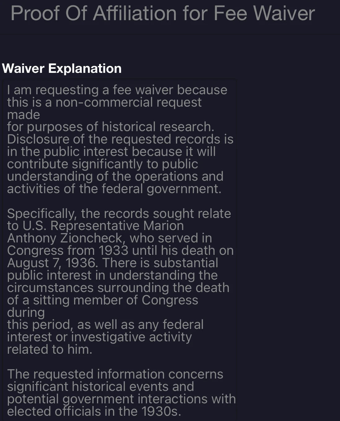 Single fee-waiver justification stating a non-commercial historical-research request on Representative Marion Anthony Zioncheck