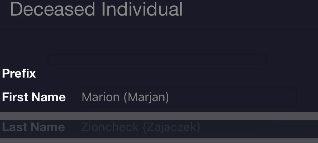 Deceased-individual fields listing first name Marion (Marjan) and last name Zioncheck (Zajaczek)
