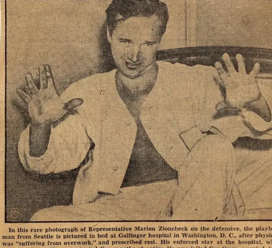 Archive plate of a newspaper photograph of Representative Zioncheck in a hospital bed at Gallinger Hospital