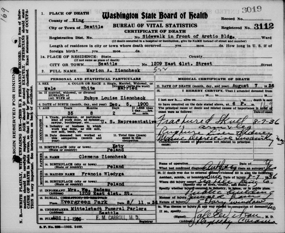 Marion A. Zioncheck’s Washington State death certificate, dated August 7, 1936 — fractured skull, rupture of liver and kidney, official manner listed as jumped from 5 story window