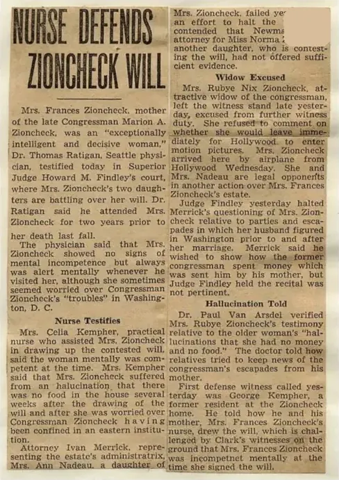 Archive plate of a clipping headed Nurse Defends Zioncheck Will