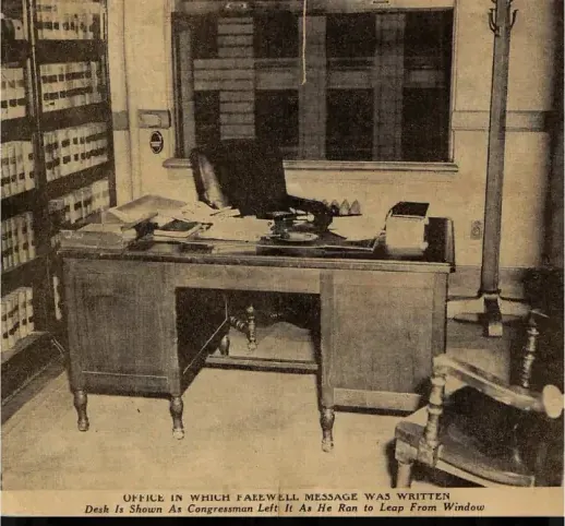 Newspaper photograph of an empty office: desk, chair, window, and bookcase, captioned as the office in which a farewell message was written