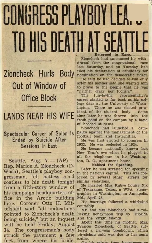 Archive plate of a contemporary clipping headed Congress Playboy Leaps to His Death at Seattle
