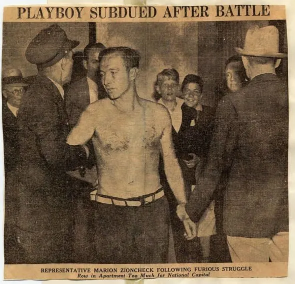 Newspaper photograph headed Playboy Subdued After Battle, showing Marion Zioncheck shirtless after an apartment struggle