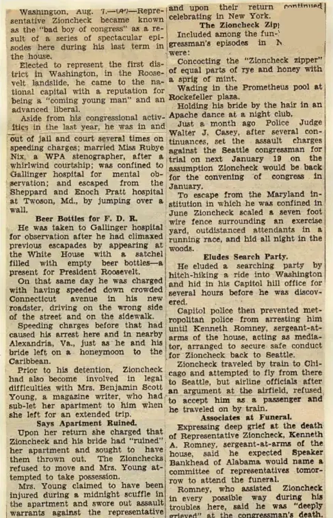 Archive plate of a contemporary clipping describing Zioncheck’s return toward Seattle