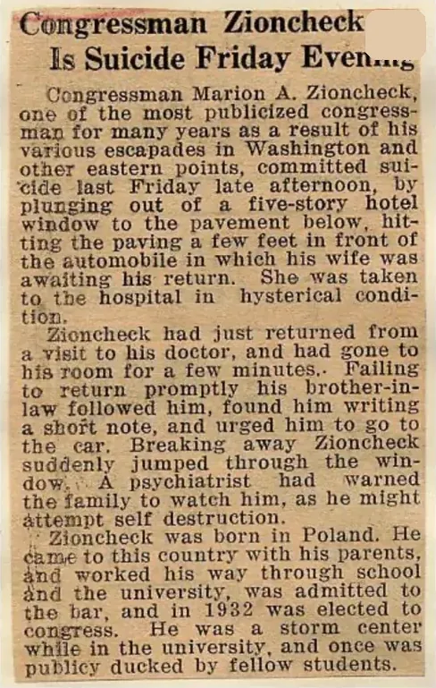 Archive plate of a clipping headed Congressman Zioncheck Is Suicide Friday Evening