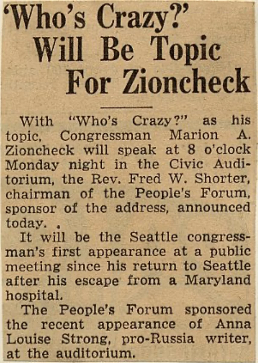Newspaper clipping headed ‘Who’s Crazy?’ Will Be Topic For Zioncheck, announcing a Civic Auditorium speech